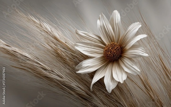 Fototapeta A white flower rests gently on soft grass, showcasing its beauty in a calm and minimalist environment