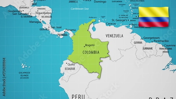 Obraz Colombia on the World Map with the country's national flag flying.