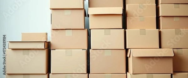 Fototapeta Neatly stacked cardboard boxes, various sizes, stack, rectangle