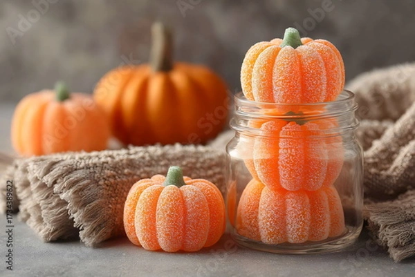 Fototapeta Colorful gummy pumpkin candies in a glass jar surrounded by decorative pumpkins on a soft cloth