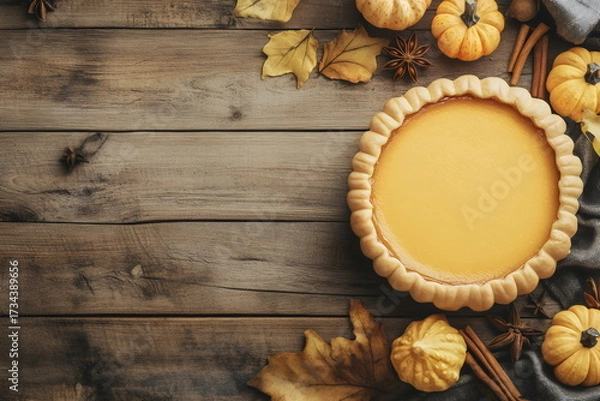Fototapeta Delicious pumpkin pie surrounded by autumn leaves and small pumpkins on a rustic wooden table