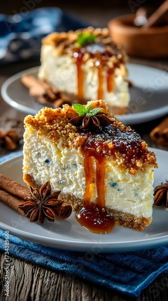 Fototapeta Delicious cheesecake served with caramel drizzle and spices on a rustic wooden table