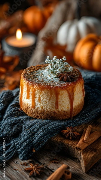 Fototapeta Delicious pumpkin cheesecake adorned with spices and decorative elements during autumn evening
