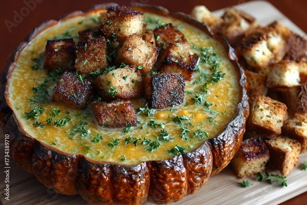 Fototapeta Delicious pumpkin soup served in a roasted pumpkin with crispy croutons on the side