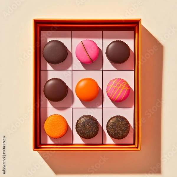 Fototapeta Colorful assortment of macarons displayed in a vibrant gift box on a sunny background