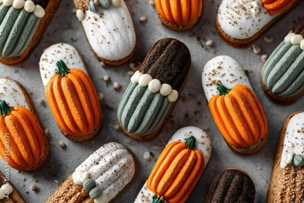 Fototapeta Colorful pumpkin-shaped desserts arranged on a gray table with decorative toppings during autumn season celebration