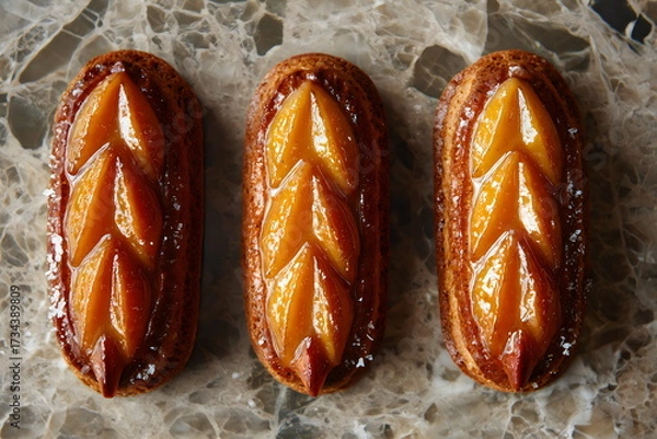 Fototapeta Delightful pastries with glossy apricot glaze arranged neatly on a textured surface, showcasing culinary artistry and precision