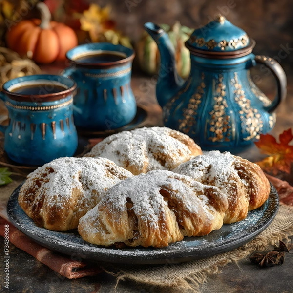 Fototapeta Delicate pastries dusted with sugar beside a steaming pot of tea in a warm, autumn-inspired setting