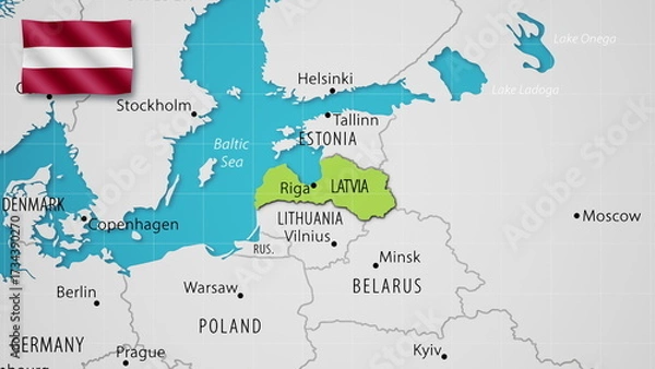 Obraz Latvia on the World Map with the country's national flag flying.
