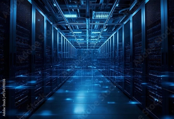 Fototapeta Futuristic data center glowing with advanced digital server technology