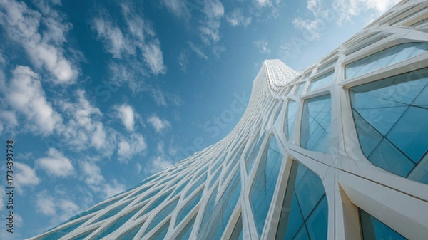 Fototapeta City street with symmetrical buildings and glowing storefronts at dusk.