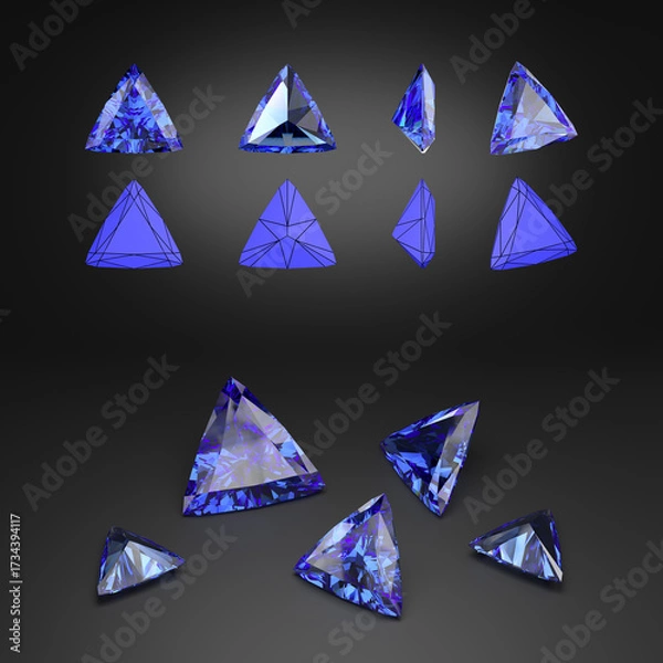 Fototapeta Demonstration of blue triangle-cut sapphire from different angles. Scheme of cutting. Scattering of gemstones. Black background. 3d rendering.