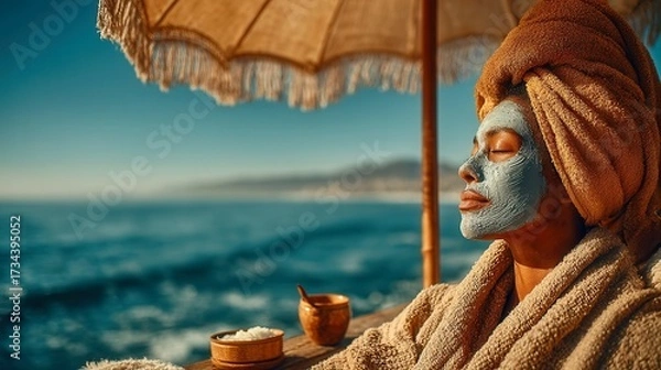 Fototapeta Woman relaxing under beach umbrella, enjoying scenic ocean view, wearing sunglasses and a cozy shawl, peaceful summer vibe.