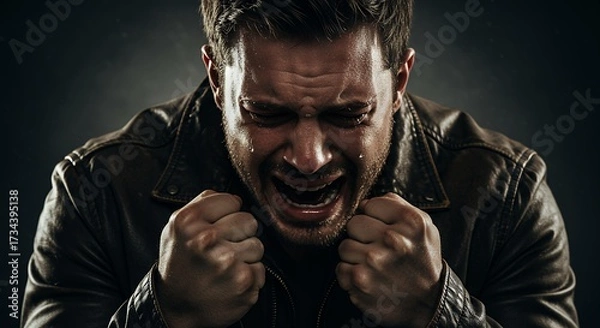 Obraz Man expressing intense emotion portrait dramatic lighting isolated dark background