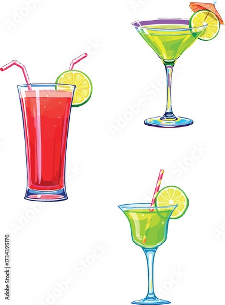 Fototapeta Vsai refreshing summer cocktails drinks with lime and straws