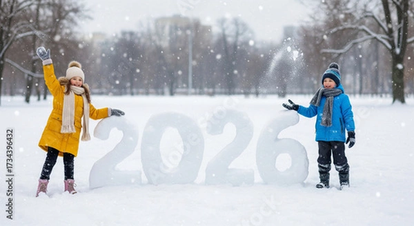 Obraz Joyful children play in a snowy park next to large snow numbers forming 2026, celebrating the upcoming new year with winter fun.