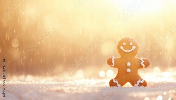Fototapeta A single gingerbread man cookie stands on a snowy surface, illuminated by a bright, warm sunset, with a blurred background and falling snow.