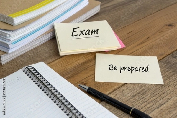 Fototapeta Preparing for an Exam with Notes and a Pen on a Wooden Desk