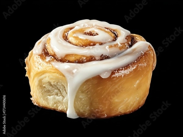 Fototapeta Delicious Cinnamon Roll with Icing on Black Background