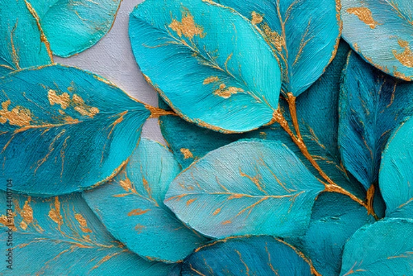Fototapeta A realistic oil painting of leaves in turquoise and blue tones, with 3D petals painted with a palette knife and textured gold accents.