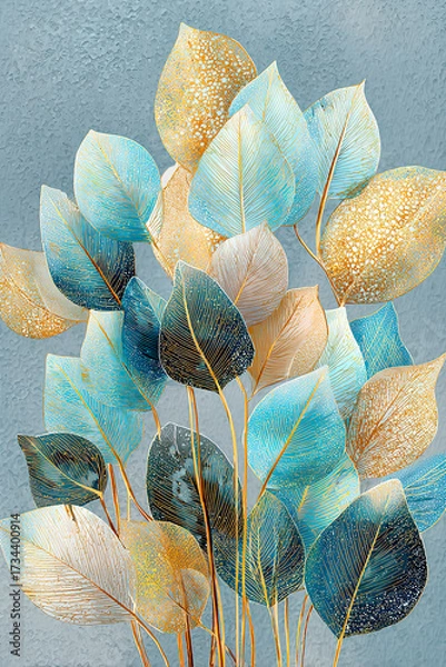 Fototapeta A realistic painting featuring a bouquet of leaves in soft blue and turquoise tones with textured gold accents. The composition is poster-ready.