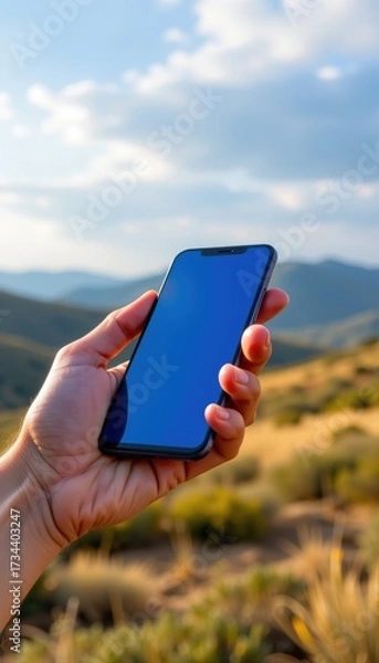Fototapeta Capturing a Close Up of a Smartphone in Hand Mountain Range Nature Scenic Outdoor Technology Concept