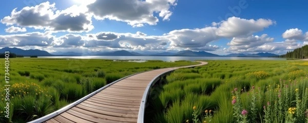Fototapeta A Panoramic View of a Serene Pathway Through Lush Green Fields Scenic Lake Nature Photography Daylight