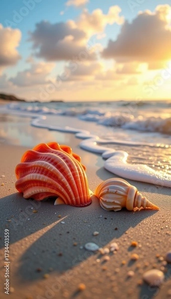 Fototapeta Vibrant Coastal Scene with Seashells at Sunset Beach Landscape Serene Environment Tranquil Viewpoint