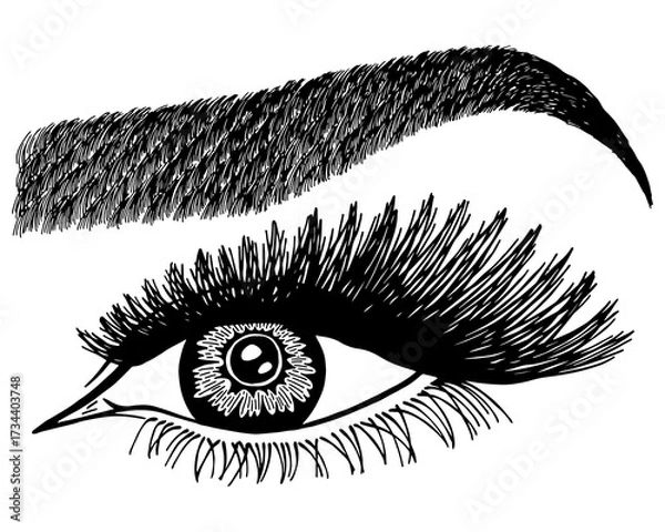 Fototapeta Illustration with woman's eye, eyelashes and eyebrow. Makeup Look. Tattoo design. Logo for brow bar or lash salon.