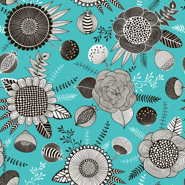 Fototapeta Seamless floral pattern in doodle style