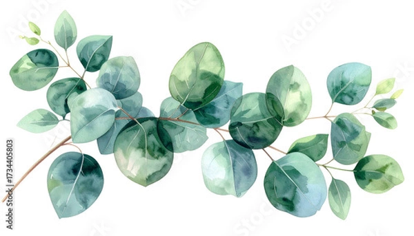 Obraz Watercolor illustration of eucalyptus branch with round, green leaves and delicate stems