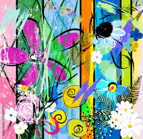 Obraz abstract background composition with flowers, with paint strokes, splashes and geometric lines