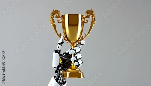 Fototapeta A futuristic robotic hand firmly holds a shiny golden trophy, symbolizing victory and achievement in technology.