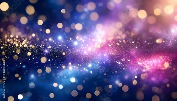 Fototapeta Abstract depiction of a vibrant cosmic nebula with sparkling celestial bodies and bokeh effects.