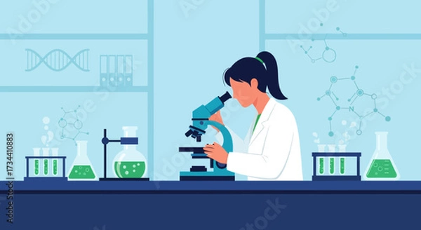 Fototapeta A scientist in a lab coat examines a sample under a microscope, surrounded by scientific equipment and molecular diagrams.