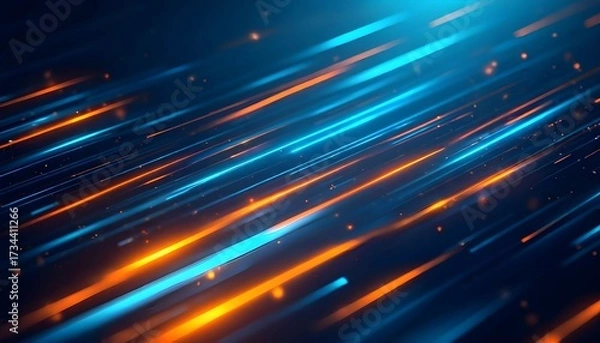 Fototapeta Dynamic abstract background with glowing blue and orange diagonal light streaks and scattered particles, suggesting data flow or high-speed motion.