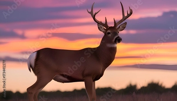 Fototapeta Mule deer buck silhouetted against a colorful sunset – detailed body and antlers, glowing horizon, creating a serene wildlife scene.