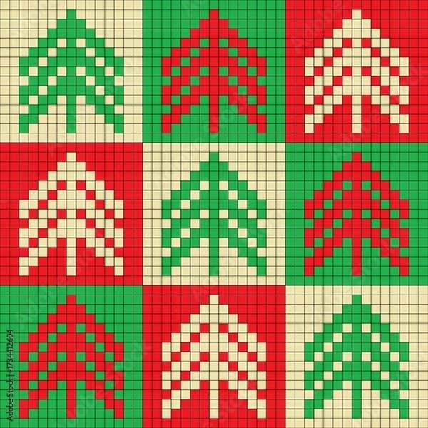 Fototapeta A grid layout showcases a repetitive pattern of stylized geometric Christmas trees in green, red, and beige. The design is suitable for weaving, cross-stitching, or knitting.