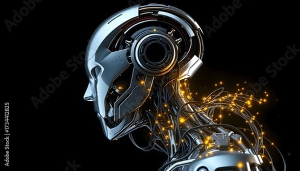 Fototapeta Profile of a futuristic humanoid robot with intricate wiring and glowing lights against a black background.