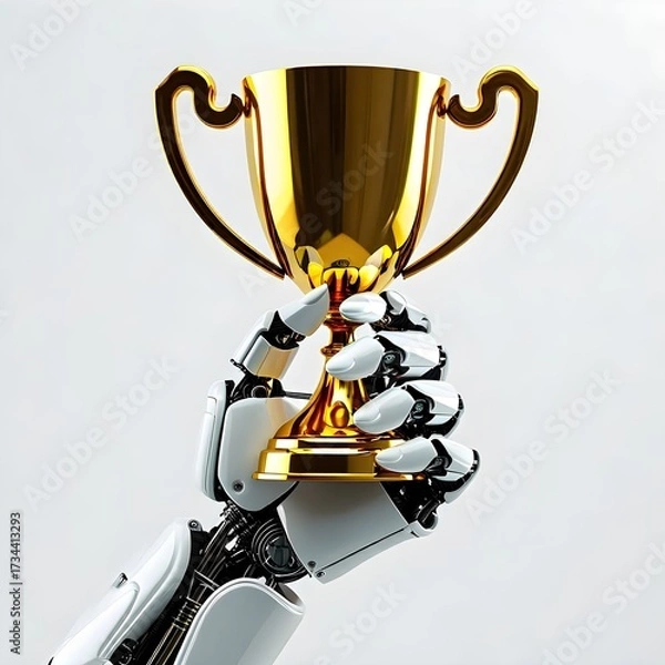 Fototapeta A robotic hand triumphantly holding a golden trophy, symbolizing achievement and success.