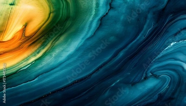 Fototapeta Abstract fluid art with swirling blue, green, and yellow colors creating a dynamic and textured pattern.