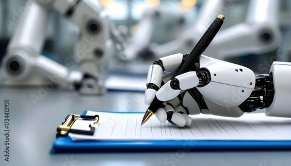Fototapeta Robotic arm writing on a clipboard, symbolizing AI and automation in business.