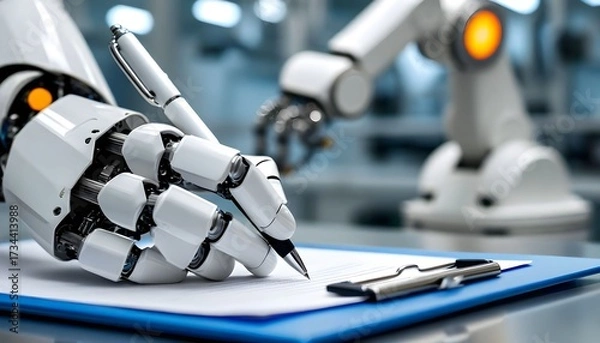 Fototapeta A sophisticated humanoid robot hand holds a pen and writes on a document attached to a clipboard in a futuristic factory setting.
