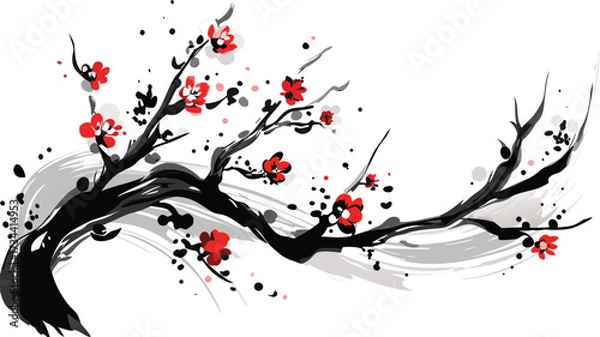 Obraz Red ink splash heart pattern design with cherry blossom illustration