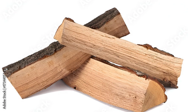 Fototapeta Stack of three cut logs with bark. stack of firewood isolated