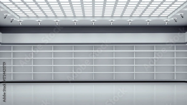 Fototapeta Large empty commercial hall with empty shelves along the walls and LED spotlights ceiling. 3d illustration