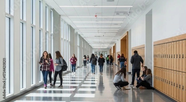 Fototapeta Bright School Hallway with Large Windows and Student Social Interaction