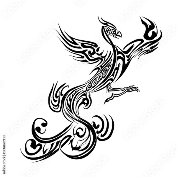 Fototapeta Tribal styled phytomorphic dragon tattoo design featuring bold elements and decorative outlines with a vintage aesthetic