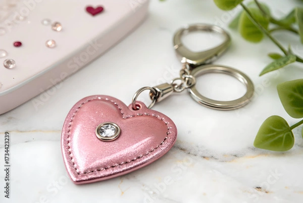 Obraz Pink Heart Keychain Jewelry Charm With Gem Accent On Marble Surface