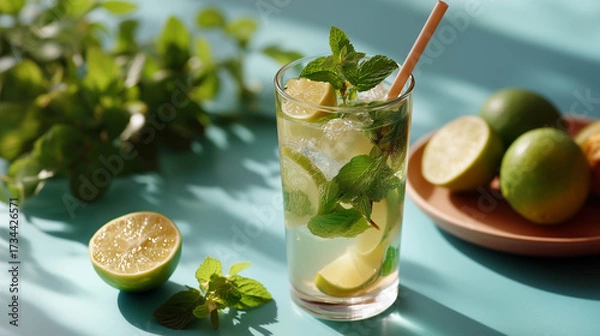 Fototapeta A refreshing mojito cocktail with fresh mint, lime, and sparkling soda in a clear tall glass, vibrant summer vibe.